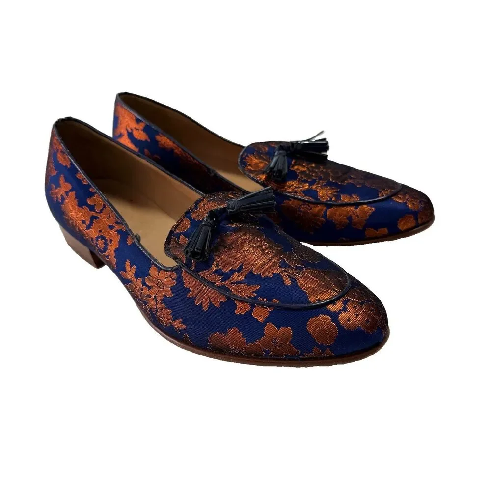 J. Crew Navy & Copper Orange Metallic Jacquard Tasseled Leather Sole Loafer Sz 7